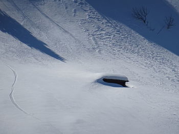 High angle view of snow covered land