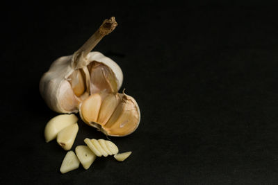 High angle view of eggs against black background