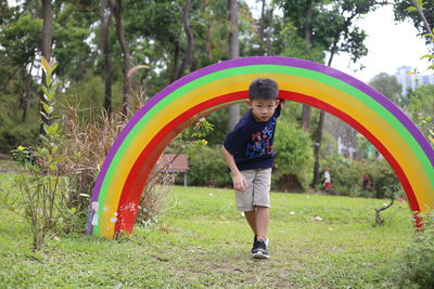 Rear view of boy standing against multi colored plants