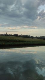 Scenic view of calm lake against cloudy sky