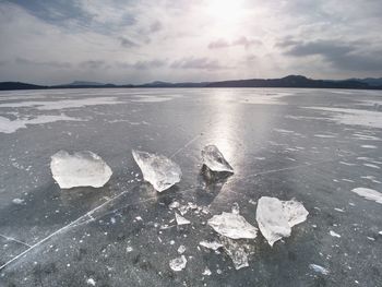 Colorful ice piece in evening polar sun. abstract icy nature background.