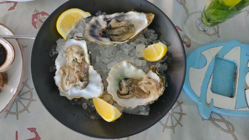 High angle view of food in plate on table