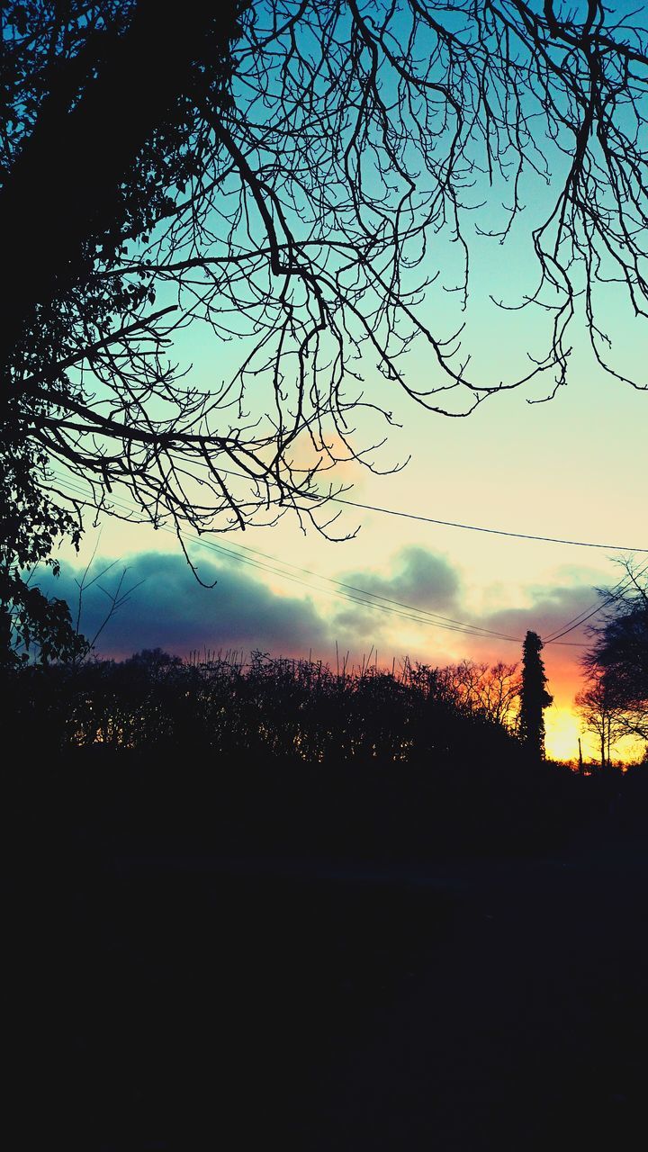 silhouette, sunset, sky, tree, scenics, beauty in nature, tranquility, landscape, nature, tranquil scene, dusk, orange color, cloud - sky, bare tree, idyllic, field, dark, branch, outdoors, no people