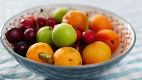 High angle view of fruits in bowl on table