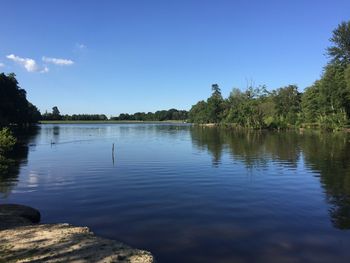 Scenic view of lake against blue sky