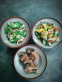 High angle view of salad in bowl on table