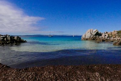 Scenic view of sea against blue sky