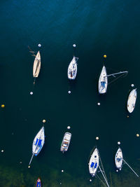 High angle view of boats moored in sea