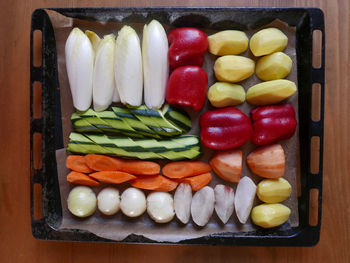 High angle view of vegetables in plate on table