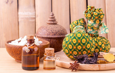 Close-up of various objects on table