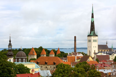 View of buildings in city against cloudy sky