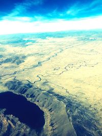 High angle view of land against sky