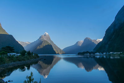 Scenic view of lake and mountains against clear blue sky