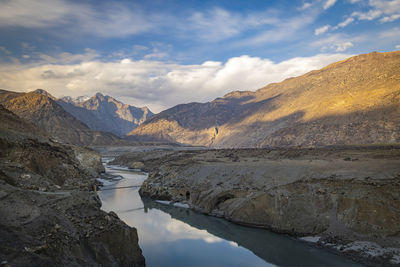 Scenic view of lake and mountains against sky