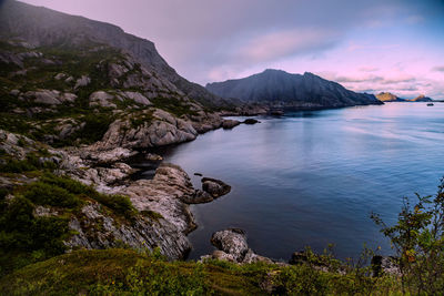 Scenic view of mountain, bay and ocean, lofoten, norway