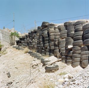 Stack of rocks against clear sky