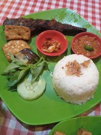 High angle view of food served on table