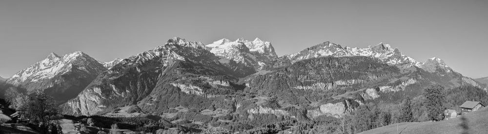 Panoramic view of snowcapped mountains against sky