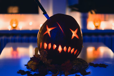 Close-up of illuminated pumpkin