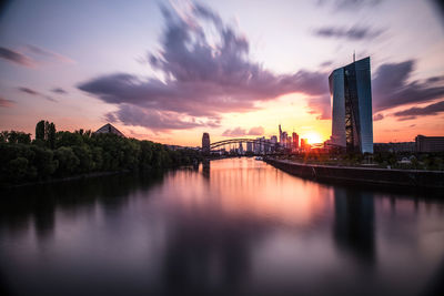 Scenic view of river by illuminated buildings against sky during sunset