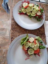 High angle view of salad served in plate on table