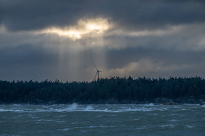 Sun behind clouds and wind blowing over water