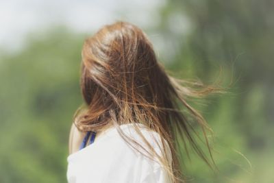 Rear view of woman with brown hair standing against trees