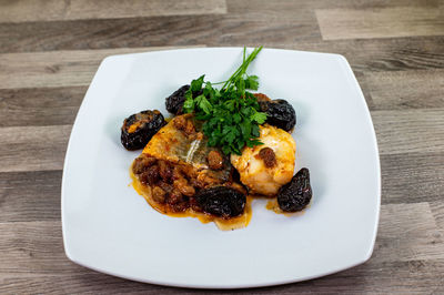 High angle view of food in plate on table