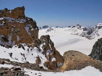 Scenic view of snowcapped mountains against clear sky