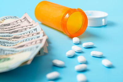 Close-up of pills on white background