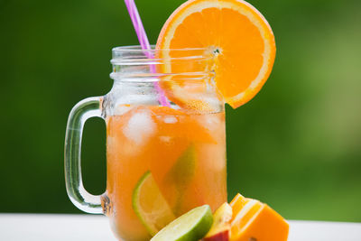 Close-up of drink in glass jar