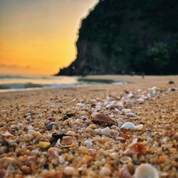 Surface level of stones at beach during sunset