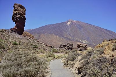 Scenic view of rocky mountains against clear blue sky