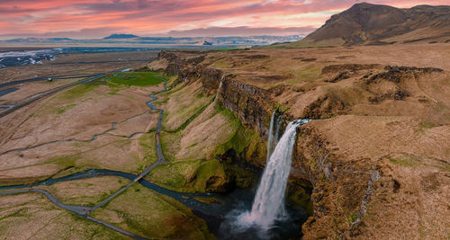 Aerial view of the seljalandsfoss - located in the south region in iceland