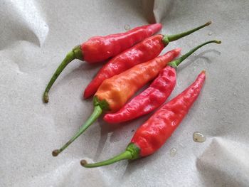 High angle view of red chili peppers