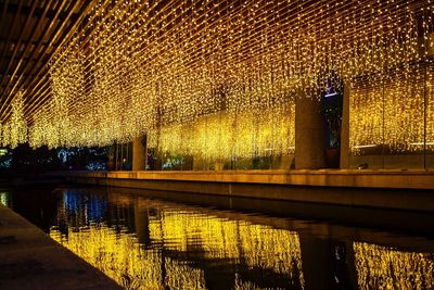 Illuminated building by lake at night