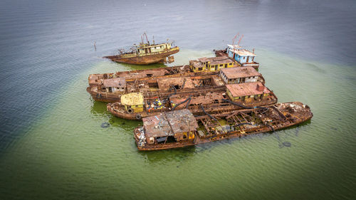 High angle view of old ships in sea