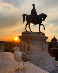 Seagull statue against sky during sunset