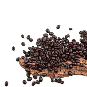 High angle view of coffee beans against white background