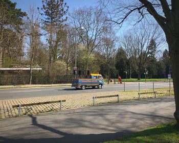 Cars on road against trees in city