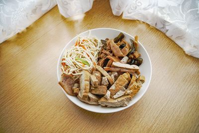 High angle view of food in plate on table