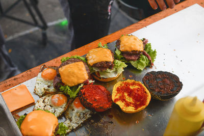 High angle view of food in plate on table