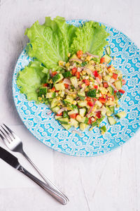 High angle view of vegetables in bowl on table