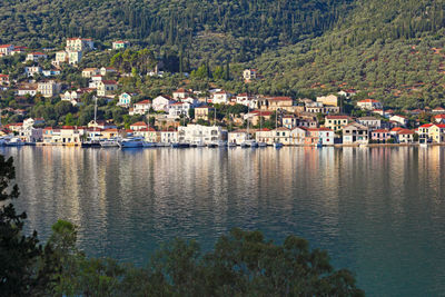 Scenic view of town by sea