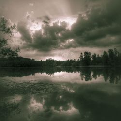 Scenic view of lake against cloudy sky