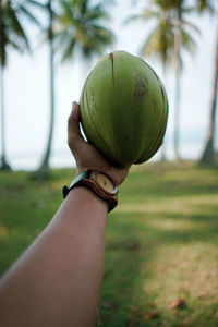 Midsection of man holding fruit