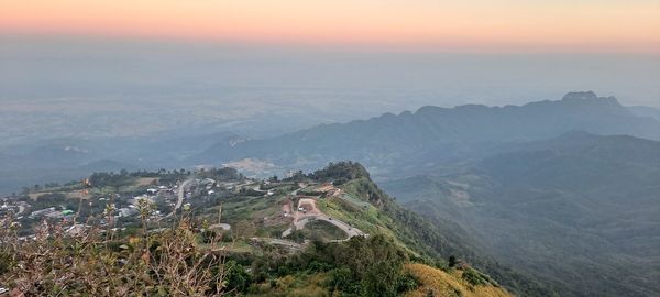 High angle view of mountains against sky