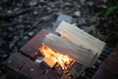 High angle view of fire on log