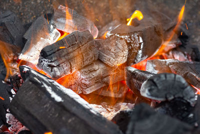 Close-up of bonfire on wood