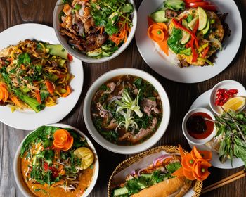 High angle view of food served on table